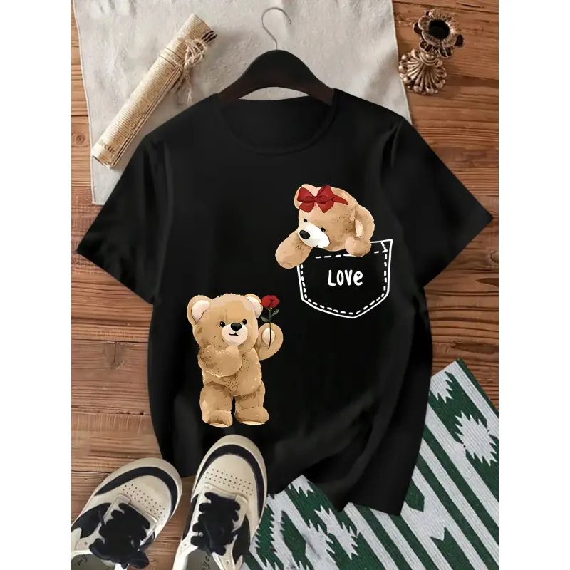 Women's Gray Cotton Short-Sleeve Round-Neck Teddy Bear Print Pocket T-Shirt - Cute Pink Bear Bow Tie, Stretch Casual Summer Sports Top, Machine Washable Outdoor Wear, Shortsleeve, Party, Sporty Chic