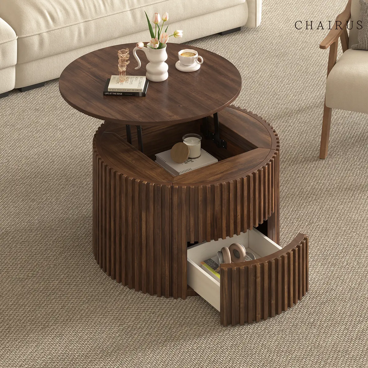 CHAIRUS 29.1" Round Lift-Top Coffee Table, Modern Fluted Wood Center Table with Hidden Storage for Living Room, Office
