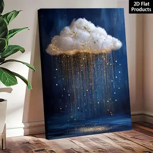 Surrealist Fantasy Art | Fluffy White Clouds, Gentle Rain, and Golden Stars — Perfect for Wall Decor, Home Beautification, Living Rooms, and Bathrooms; An Ideal Gift for Young Friends — HD Printed Canvas Art with Wrapped Wooden Frame