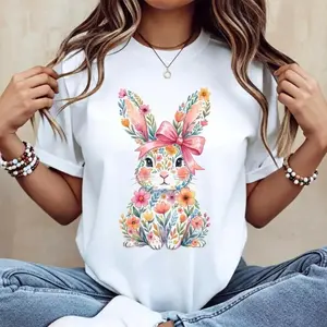 Casual Womens Round Neck Short Sleeve T Shirt Featuring Easter Bunny with Pink Bow and Colorful Swirls Ideal for Spring Festivals and Outdoor Leisure