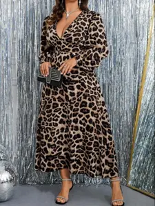 【Plus Size】 All Over Leopard Print Deep V Neck Dress, Casual Fashion Long Sleeve Dress for Daily Outdoor Wear, Women Plus Clothing for Spring