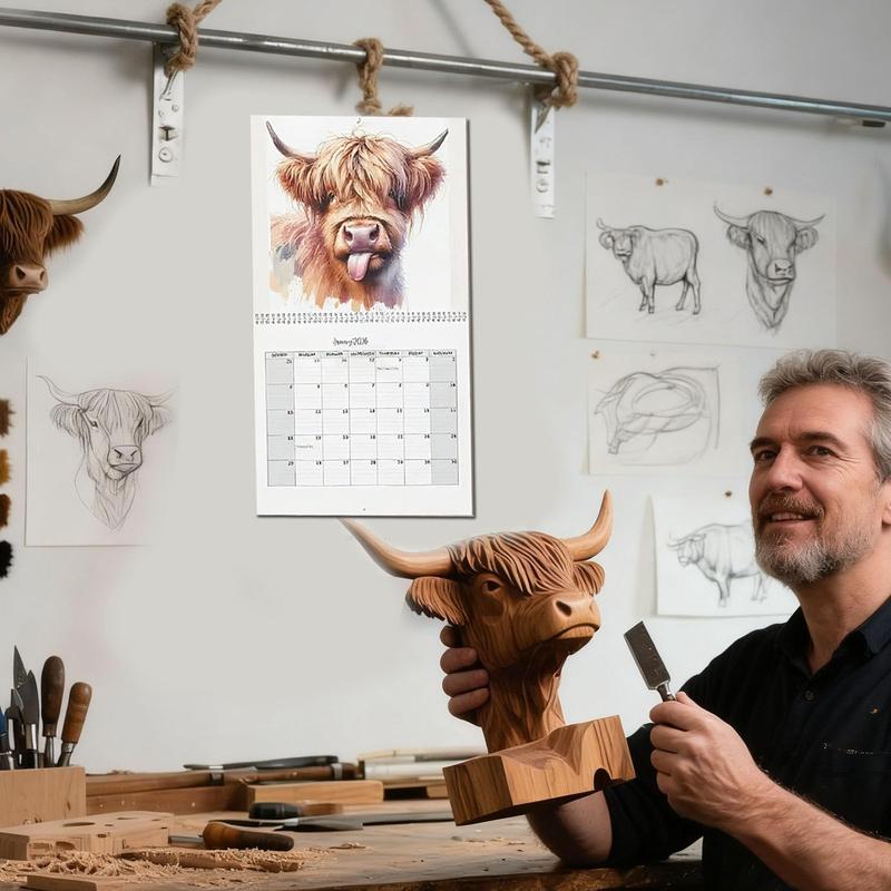 Highland Cow Calendar 2026, 12 Month Wall Calendar, Watercolour Cows Monthly Planner Scottish Wall Art Decor For Animal Lovers