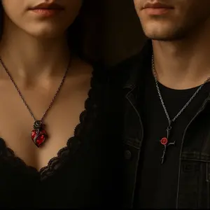 2 Pcs Gothic Dark Style Black Rose Flower Red Gemstone And Heart Shaped Pendant Necklace Valentine's Day Christmas Gift Boyfriend And Girlfriend Set