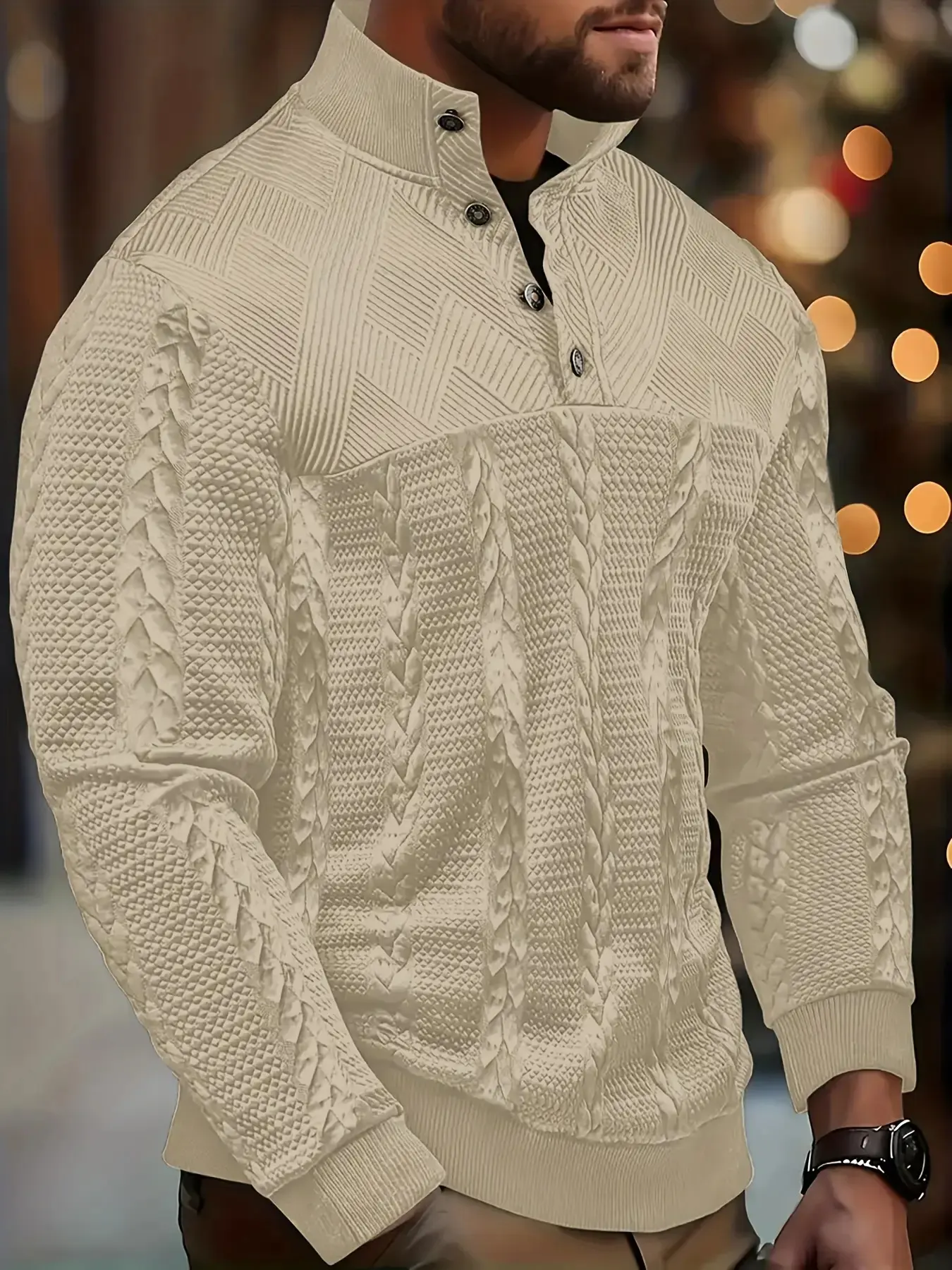 Men's long-sleeved Henry shirt, soft and elastic button long-sleeved jacquard pullover for autumn and winter, outdoor casual knitted jacquard sweatshirt Knitwear Menswear