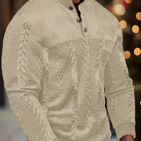 Men's long-sleeved Henry shirt, soft and elastic button long-sleeved jacquard for autumn and winter, outdoor casual knitted jacquard sweatshirt Knitwear Aesthetic Casual Knitwear
