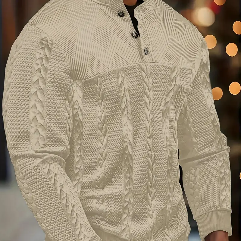 Men's long-sleeved Henry shirt, soft and elastic button long-sleeved jacquard for autumn and winter, outdoor casual knitted jacquard sweatshirt Knitwear Aesthetic Casual Knitwear