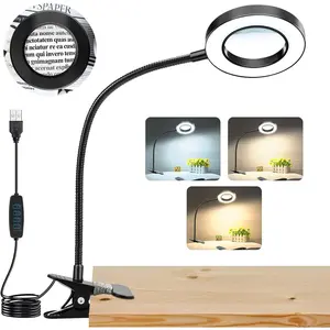 10X Magnifying Glass with Light, Clip-on Magnifier, 48 LED 3 Modes Dimmable Desk Magnifying Glass with Clamp for Work Crafts DIY Repair