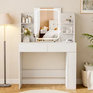 FURMAX Vanity Desk with Mirror and LED Lights, Makeup Vanity Table with 3 Lighting Color, Adjustable Brightness, 2 Drawers, Side Storage, for Bedroom, 35.4x15.7 Inches Tabletop, Pure Color Design