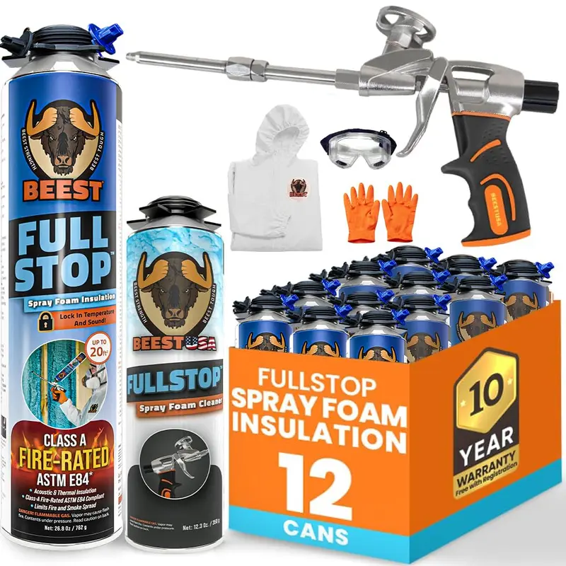 BEEST FullStop Heavy-Duty Spray Foam Insulation Kit (12-Pack, 12 Cans, 240 Board Ft/Sq.Ft) - Ozone-Safe, R8.24/2" Heat Resistance, Soundproofing, Home Walls/Attic Use, Coverall, Pro X Gun, Cleaner Can, Safety Gloves, DIY Energy Bill Savings