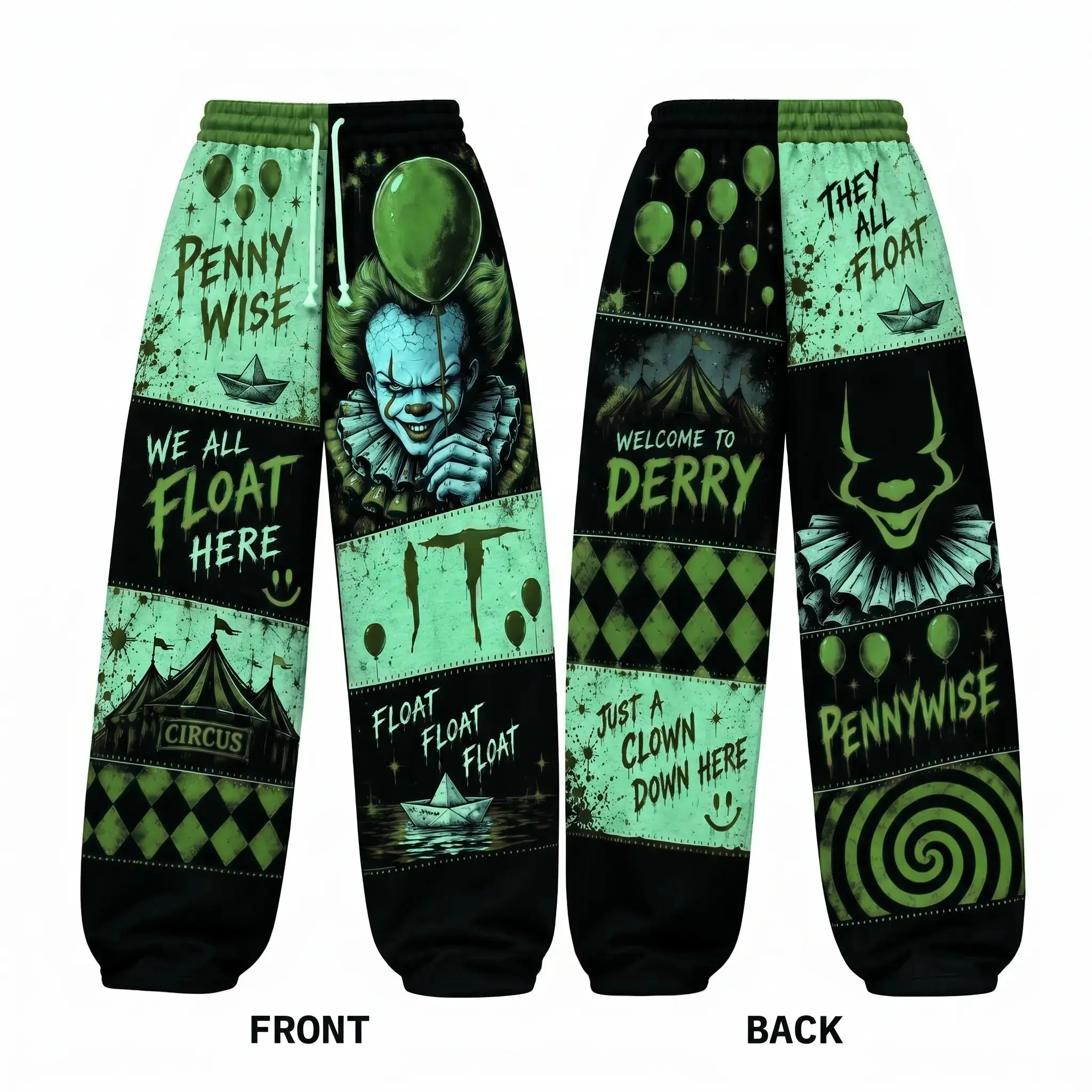 Horror Carnival Patchwork Sweatpants, Loose Fit & Cuffed Jogger Pants, Red Black Graphic Streetwear Pants