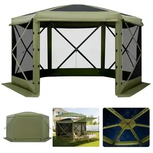 VEVOR Pop up Gazebo Screen Tent, 12x 12 ft Large 6-Sided Camping Canopy Tent with Removable Top Carry Bag, Quick-Set Bite-Proof, Screen House Sun Shelter for 8-10 Persons Backyard Patio, Green