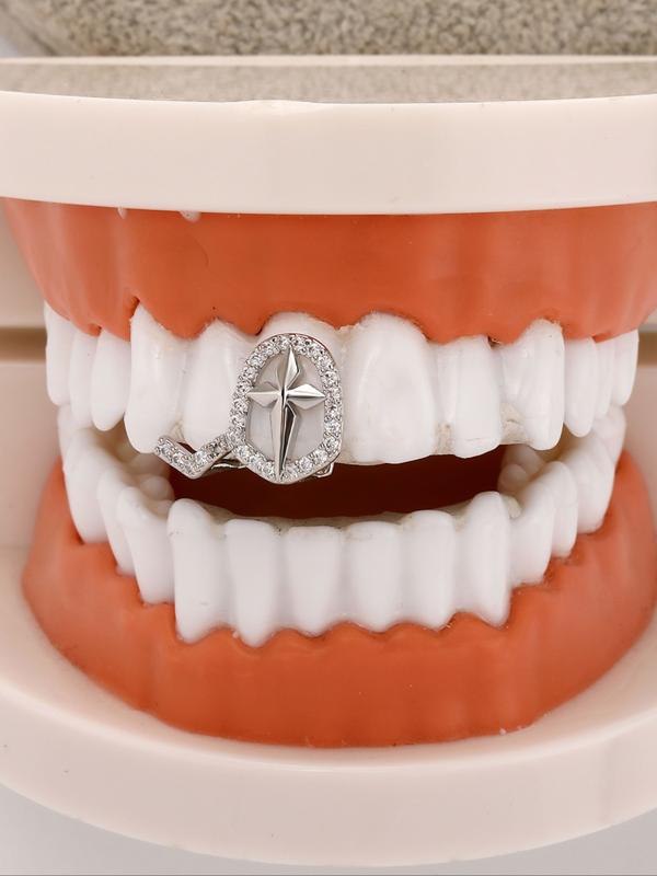 CRUSH CR 1pc 18K Gold Plated Copper Cross Star Grillz with CZ Stones, Silver & Gold Finish – Elegant Hip-Hop Tooth Jewelry Tooth Gems for Female, Black Women, Girls, Men & Boys. Perfect for Parties, Halloween, Cosplay & Gifts! Trendy Bling Accessory