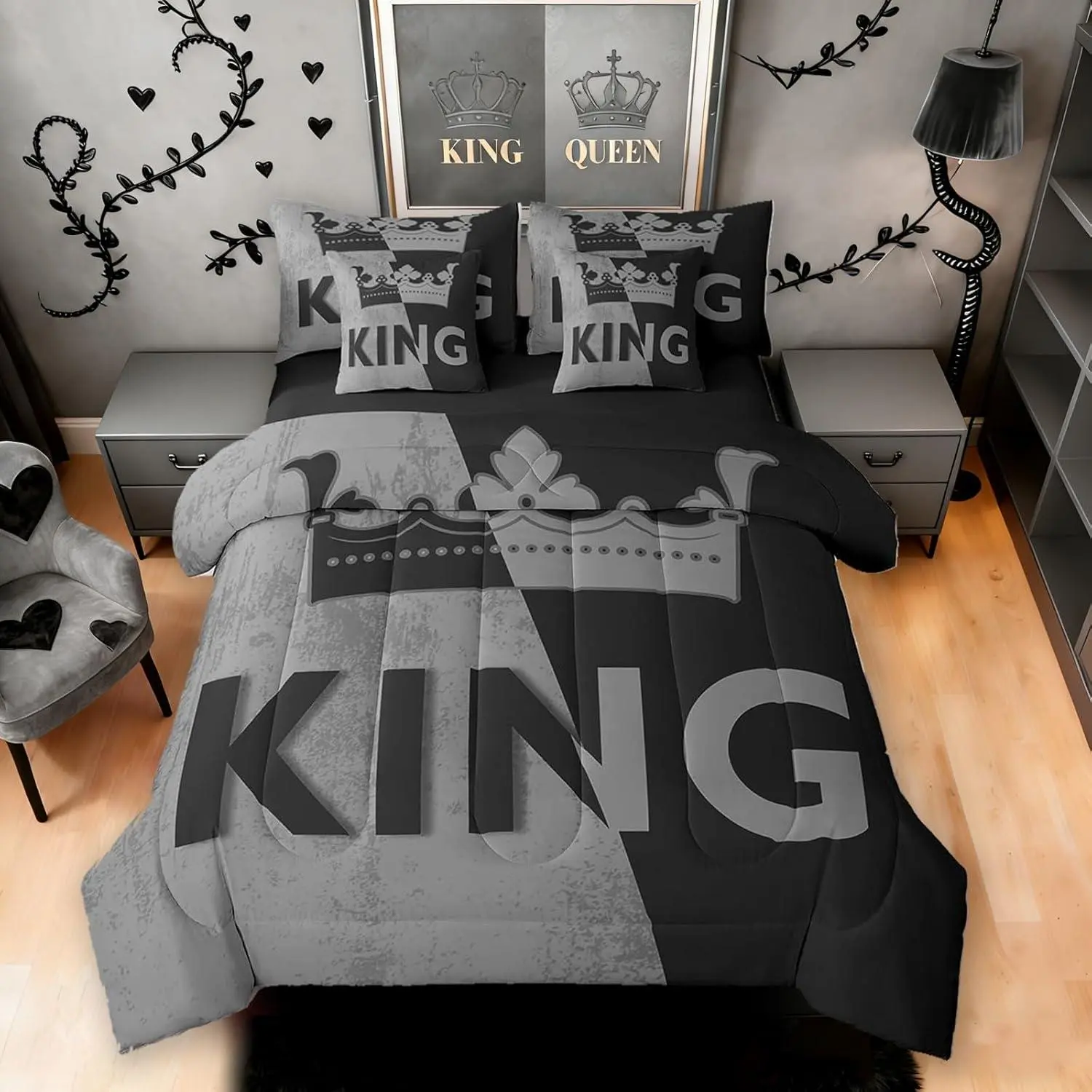 Feelyou 7-Piece Queen Size Comforter Bed Set - Vintage Black and Gray Comforter, Sheet Set, Bed Bag, Romantic Valentine's Day Bedding for Women, Couple Gifts, Comforter Queen Size
