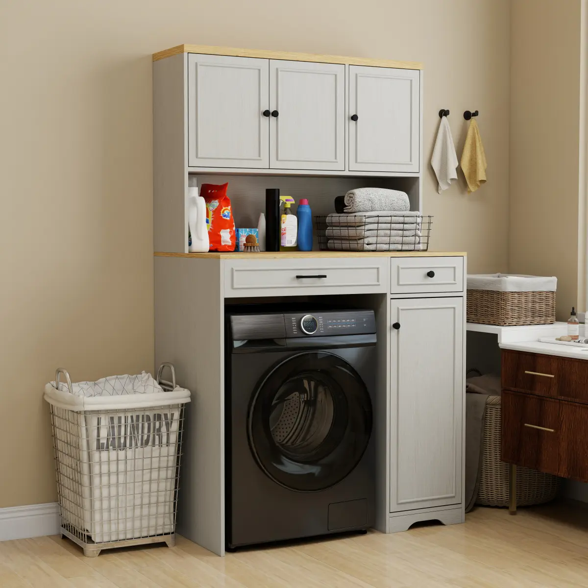 Antique White MDF Board Durable Over-the-Washer-and-Dryer Storage Cabinet - Single Unit Laundry Room Organizer for Compact Washers with 1 Basket, 4 Doors, 1 Drawer, 2 Adjustable Shelves, Unique Style, 26"l x 22"w x 35"h, Assembly Requires, Wall Mounted