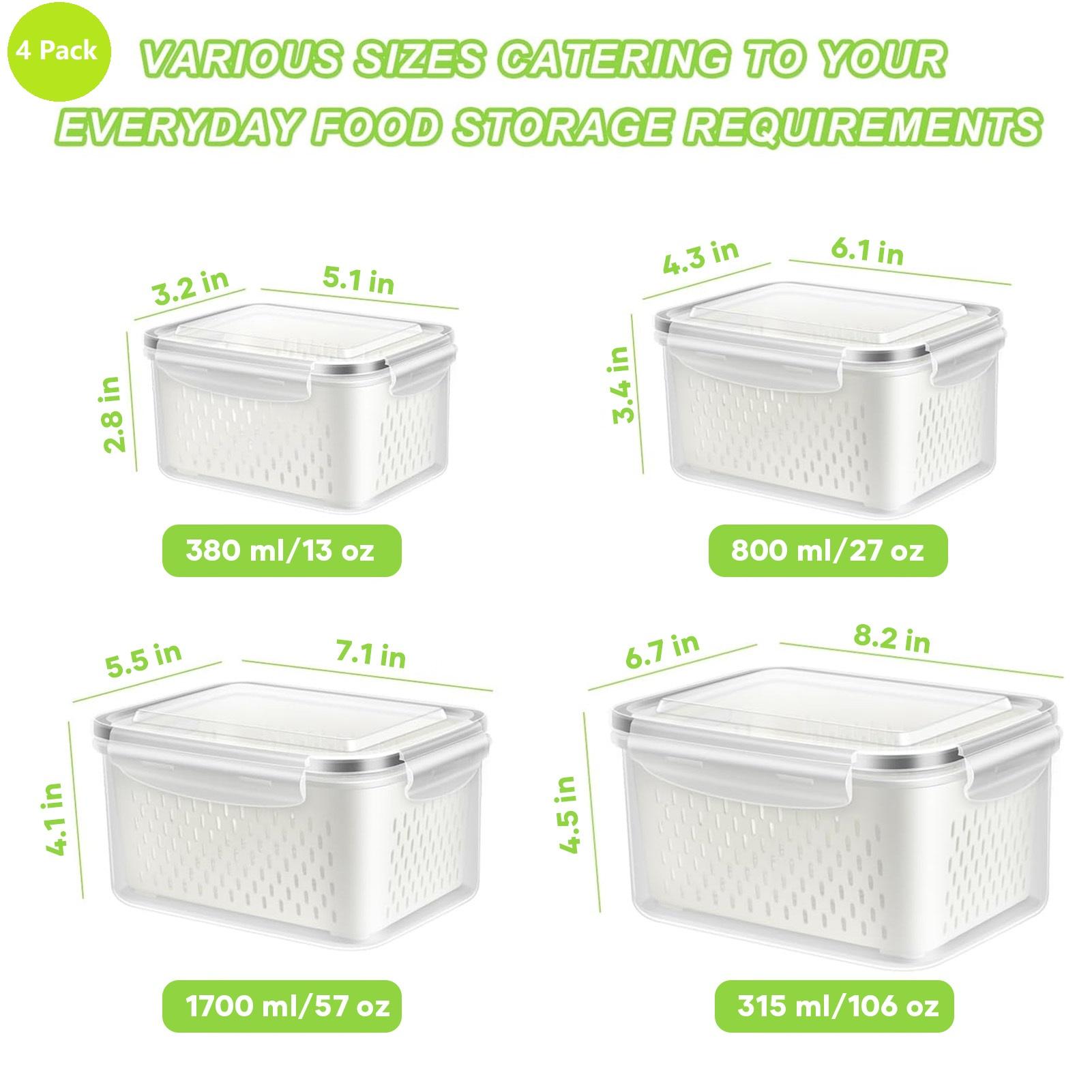 8-Pack Rectangular Double Drainer Fruit & Vegetable Storage Containers, Durable Kitchen Accessories for Fridge Organization & Lunch Prep, Stackable Bins to Free Up Fridge Space, Food-Safe with Easy-Open Lids, Household Essentials for Produce & Meat