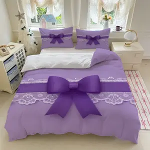 3pcs Purple bow lace ribbon pattern lilac bedding set (1*Duvet Cover + 2*Pillowcase, Without Core)+Soft comfortable and breathable Suitable for bedroom guest room hotel dormitory rooms