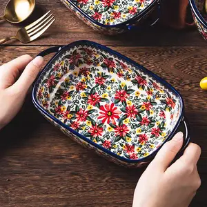 Hand-Painted Exotic Daisy Ceramic Baking Dish, Oval Casserole Pan, Handmade Oven-Safe Bakeware, Ideal for Salad BBQ Cheese Baked Rice Cake Dinner