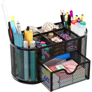 Mesh Pen Holder Desk Organizer with Drawer Stationery Supplies Organizer for Dorm School 9 Compartments Workspace Desk Accessories Organization for Office, Black