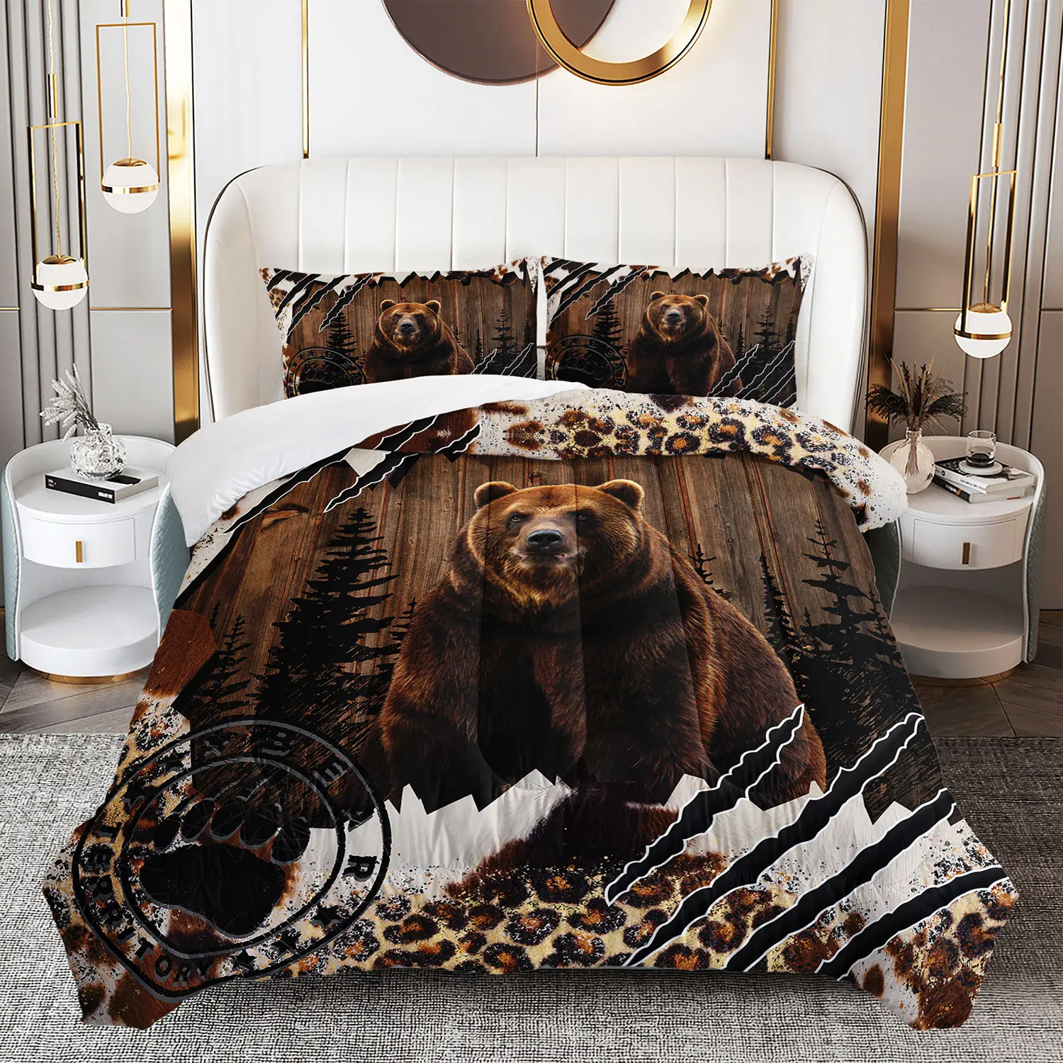 3pcs Rustic Bear Animals Microfibre Duvet Set - Queen Size, Warm, Breathable, Lightweight, Soft All-Season Bedding with 2 Pillowcases, Machine Washable for Girls' Bedrooms, Family Gift Decor