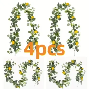 4 Pack Realistic Lemon Wreath with Eucalyptus Leaves, Plastic Hanging Vines for Home Wall Fireplace Table Wedding Garden Farmhouse Decor