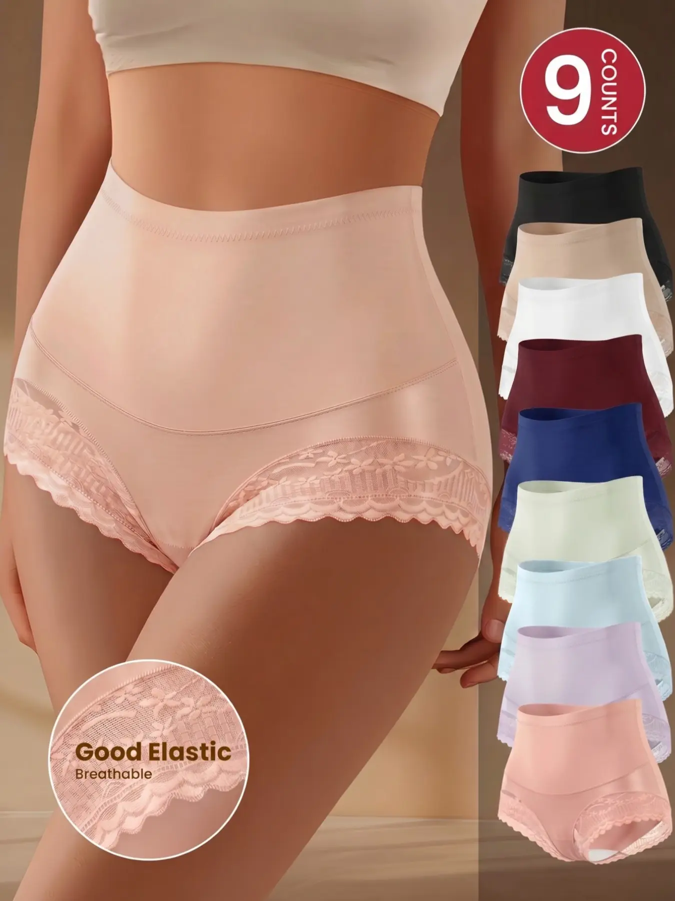 Women's High-Waisted Seamless Lace Trim Triangle Panties, Elegant Comfortable Fit Stretchy Breathable Stretch Shapewear, Undergarments, Lingerie & Underwear