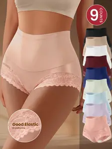 Women's High-Waisted Seamless Lace Trim Triangle Panties, Elegant Comfortable Breathable Stretch Shapewear Undergarments