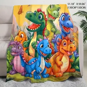 Dinosaur Cartoon Print Flannel Flannel Blanket - Hypoallergenic, Machine Washable, Multipurpose Cozy Bedding Throw For All Seasons - Soft Polyester Knitted BedroomChristmas Gift,Gift for kids,Birthday Gift, Cozy & Soft