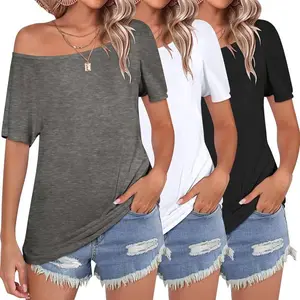 3 Pack Womens Off The Shoulder Tops Batwing Short Sleeve T Shirts 2025 Summer Casual Cute Loose Fit Trendy Shirt(Sheets)