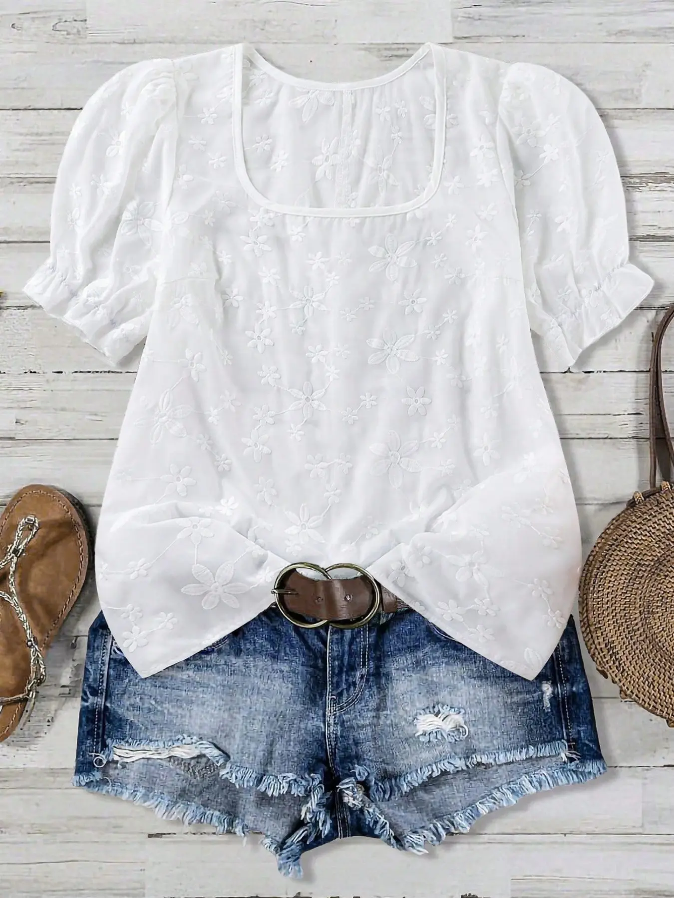 Women's Plus Size Eyelet Embroidered Embroidery Top Square Neck Puff Sleeve Sheer Lightweight Floral Blouse Shirts Casual Summer Boho Bohemian Outfits Trendy