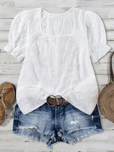 Women's Plus Size Eyelet Embroidered Top Square Neck Puff Sleeve Sheer Floral Blouse Casual Summer Boho Bohemian Outfits Trendy