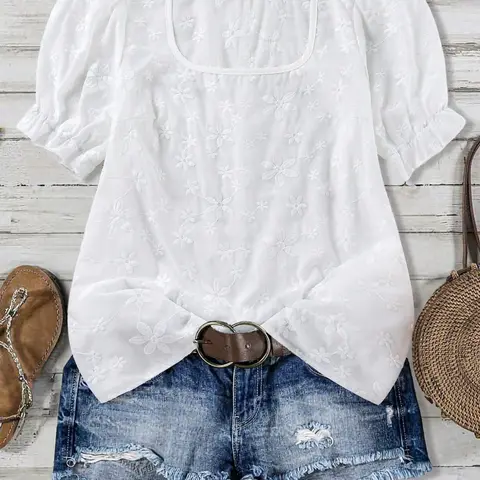 Women's Plus Size Eyelet Embroidered Embroidery Top Square Neck Puff Sleeve Sheer Lightweight Floral Blouse Shirts Casual Summer Boho Bohemian Outfits Trendy Vibe
