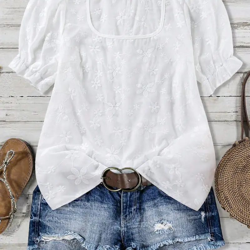 Women's Plus Size Eyelet Embroidered Embroidery Top Square Neck Puff Sleeve Sheer Lightweight Floral Blouse Shirts Casual Summer Boho Bohemian Outfits Trendy Vibe