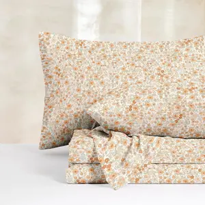 - Floral Bed Sheets, 4- Sheet Set, Shabby Chic Flower  Prted Country  Cottage Aesthetic Beddg, Deep Pocket, Cream Orange,  Size