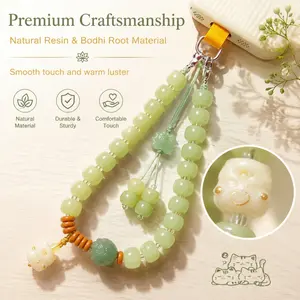 Anti-Lost Green Jade Beaded Phone Lanyard, Cute Lucky Cat & Lotus Charm Phone Strap, Aesthetic Phone Accessory