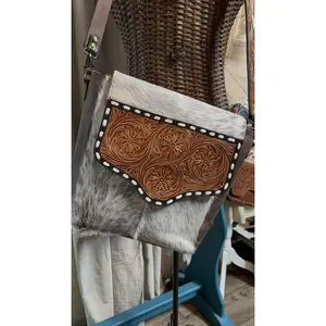 Tooled Leather & Cowhide Tote Cross Body Large