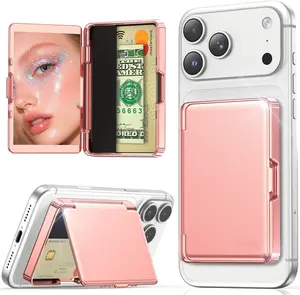 Compatible with Mag-Safe Phone Wallet with Mirror & Kickstand,   Card Holder (3-4 Cards & ) Compatible with  17/16/15/14/13/12 Series, Metal  Glossy, Rose