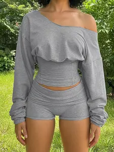 Women's Casual Two-Piece Set, Crop Top Long Sleeve & Slim Fit Shorts, Spring & Fall Fashion, Plain Pattern, Slant Neck Design, Basic