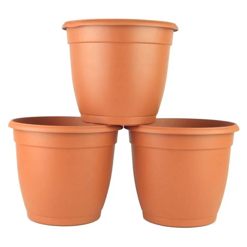 212 MAIN 8 in. Small Size Terra Cotta Plastic Garden Planter Flower Pot (Pack of 3) - 2 lbs Easy Stacking Garden Accessories, Multi-Hole for Ideal Irrigation, Outdoor/Deck Home Decor for Healthier Plants