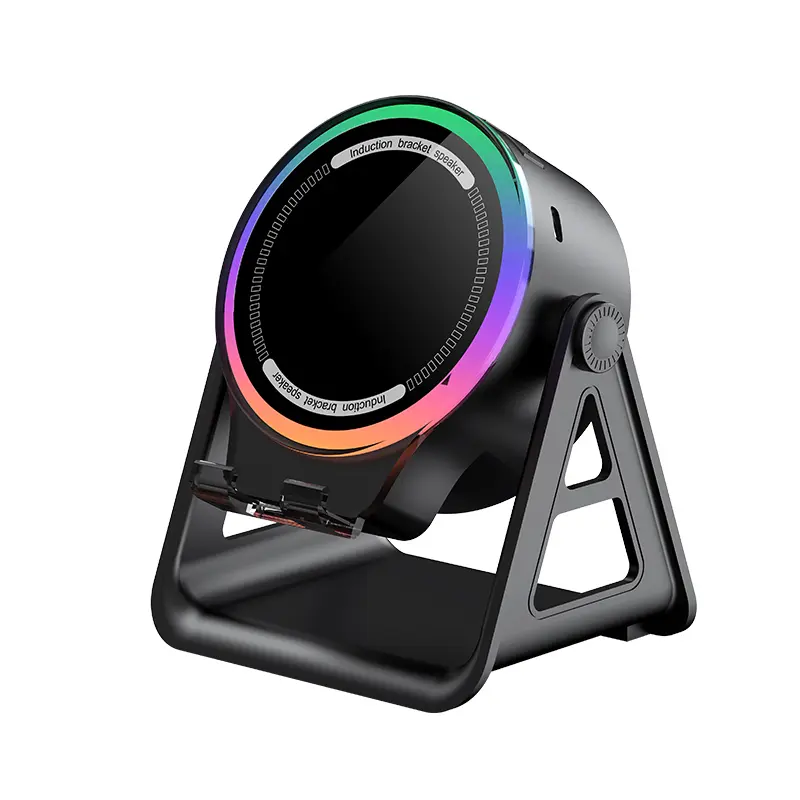 Wireless Induction Bluetooth Speaker, 4-in-1 with 360 Rotatable Phone Holder and RGB Ambient Light, HD Surround Sound (Black)