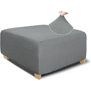 Square Ottoman Cover Jacquard Fabric Ottoman Slipcover Thick Stretchable Footrest Stool Covers for Oversized Square and Rectangle Ottoman,Large Size,Grey