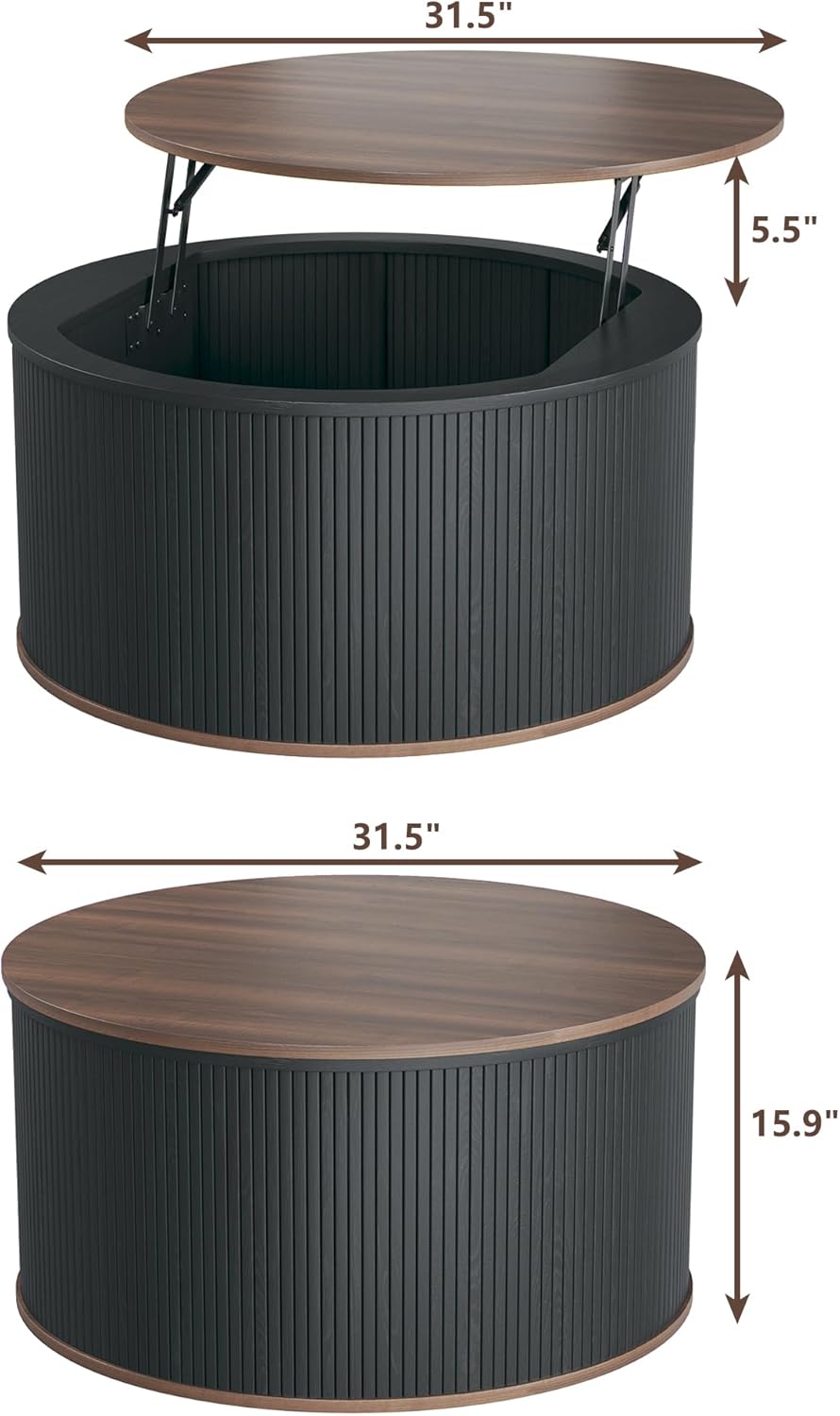 Round Coffee Table with Storage, 31.5" Lift Top Coffee Table, Mid Century Modern Coffee Tables for Living Room, Apartment Office, Fluted Table with Rustic Wood Desktop