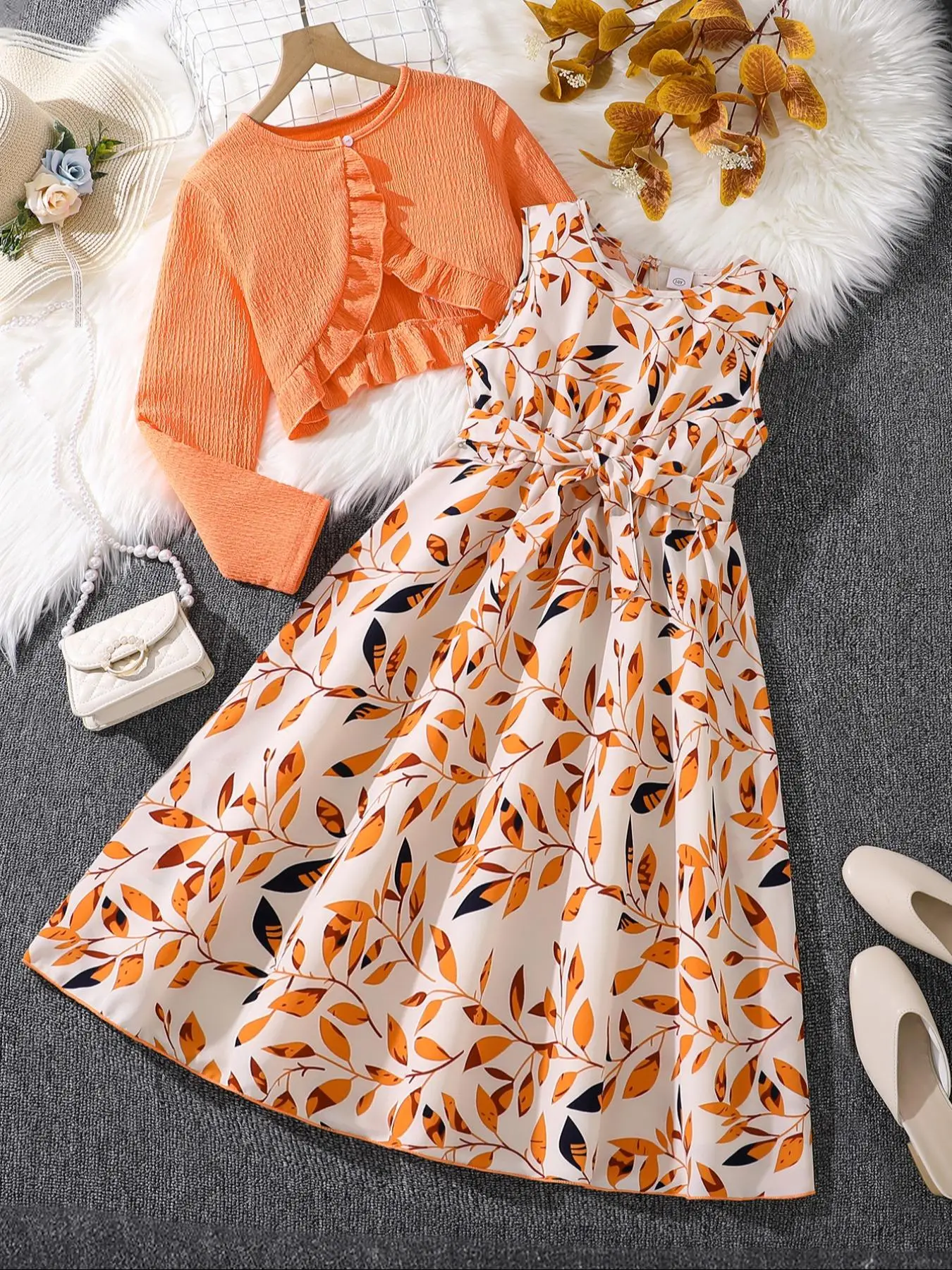 Girl's Textured Button Front Crop Top & Leaf Print Belted Dress Two-piece Set, Elegant Fashion Casual Two Piece Outfits for Daily Outdoor Wear, Girls