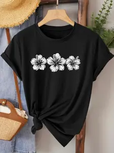 Elegant Jasmine Print Short Sleeve T-Shirt for Women, Loose Fit Round Neck Top, Summer 2026 New Arrival, Versatile Office Wear