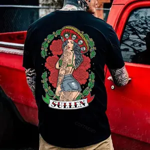 Urban Chicano Culture T-Shirt - Detailed Tattoo Pin-up Girl Art Graphic Tee - Men's Black Cotton Shirt with Red Roses and Skull Sombrero Design