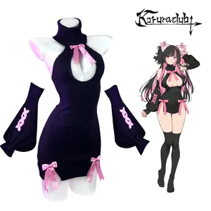 Koruraclub 2026 Hottest Picks Valentine's Day Cute Girl Pink Bow Turtleneck WhiterBlack Sweater Cosplay Knitwear Underwear Backless Long Dress with Matching Arm Sleeves and Stockings