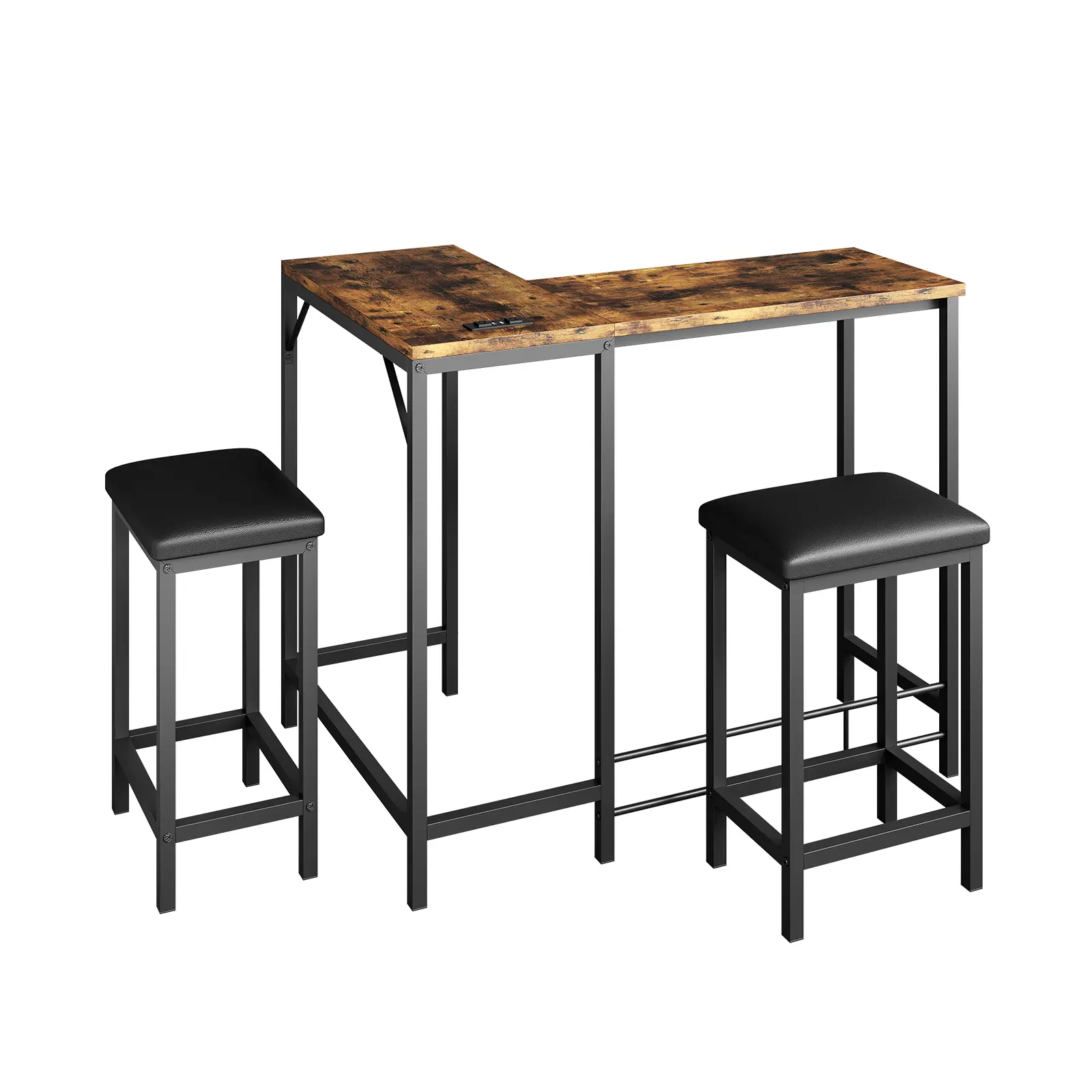 63" Long L-Shaped Bar Table Set with Power Outlets, USB Ports, Wood Grain & 2 Bar Stools - Space-Saving Counter Height Furniture for 2-4, Kitchen & Apartment Corner Breakfast Nook