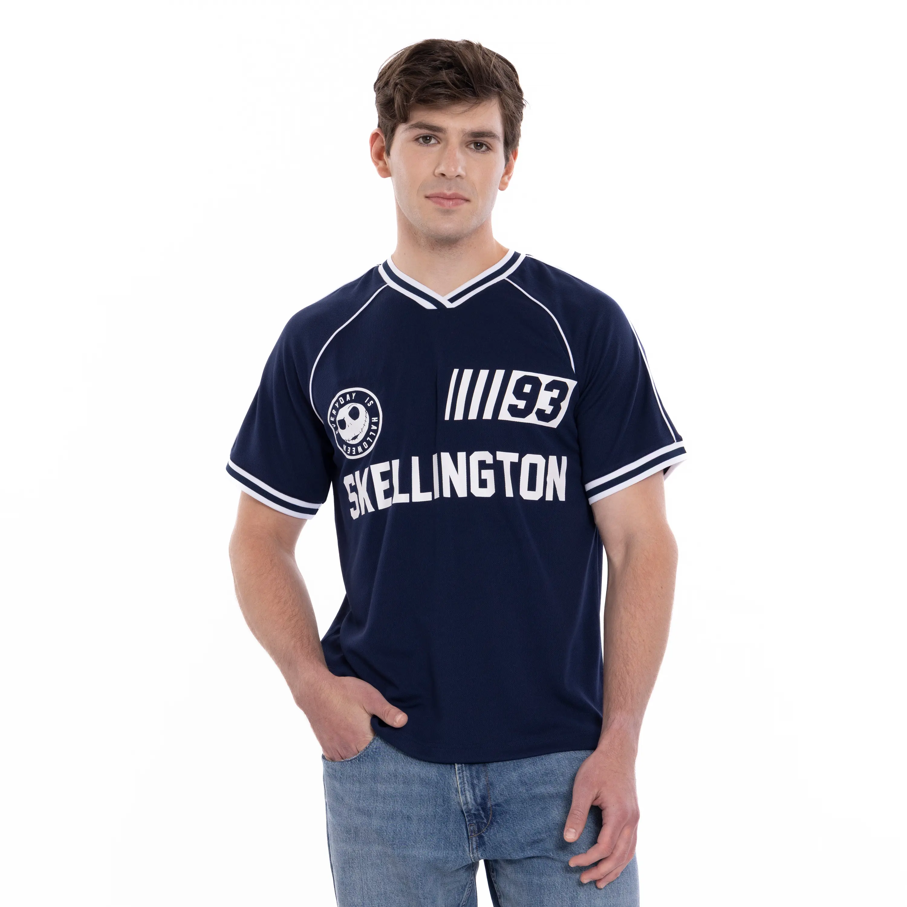 Disney Nightmare Before Christmas Jack Skellington Boys' Short-Sleeve V-Neck Polyester Streetwear Mesh Raglan Jersey Top - Navy, Breathable, Bold 'Skellington 93' Graphic Prints, Ribbed, Classic, Athletic, Striped, Knit, Sporty, Theme Park Pullover