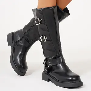 Women's Thick Sole Boots Buckle Strap Mid-Calf Booties for Date Nights