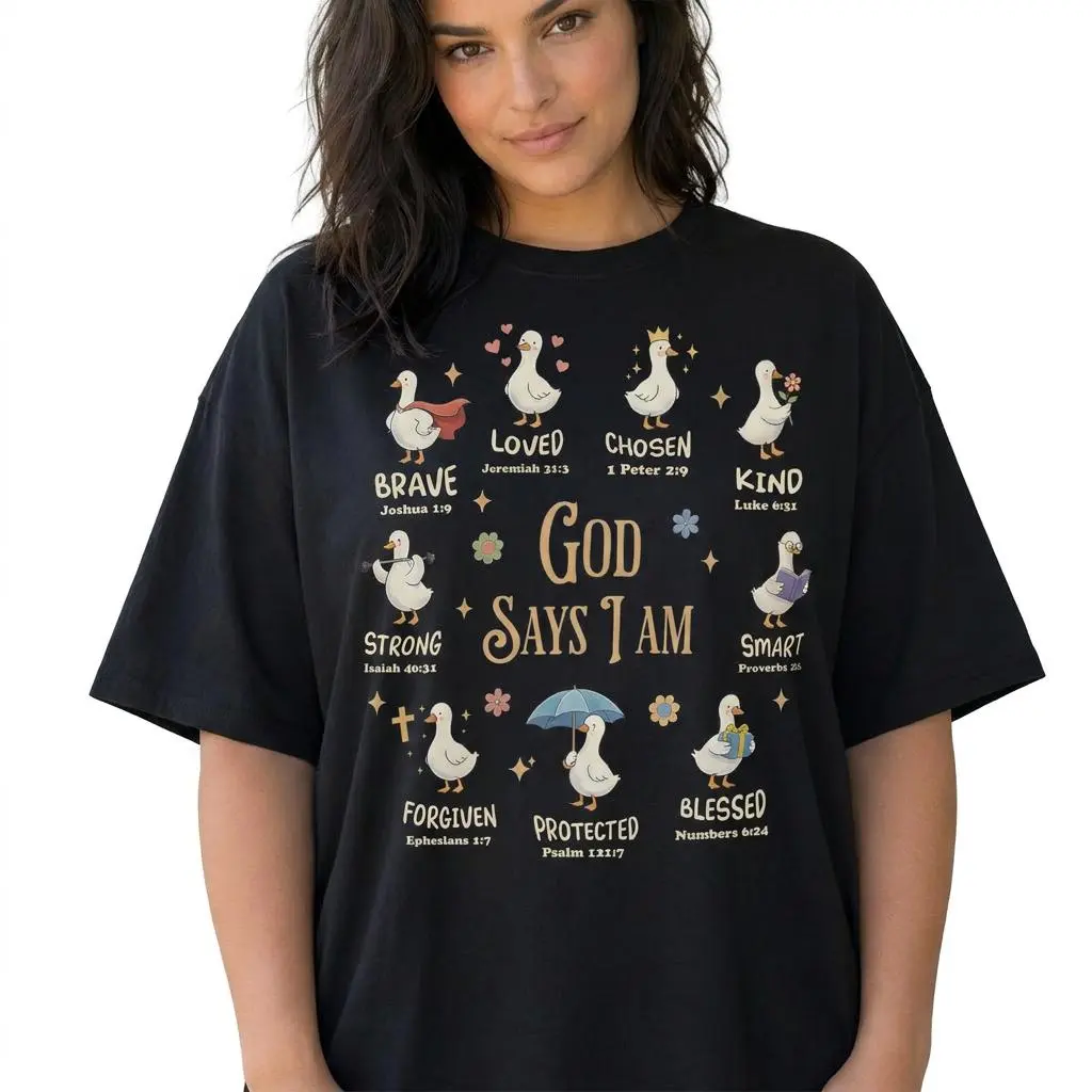 God Says I Am Christian Graphic Tee Women Cute Duck Bible Verse Shirt Plus Size
