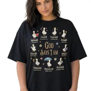 God Says I Am Christian Graphic Tee Women Cute Duck Bible Verse Shirt Plus Size
